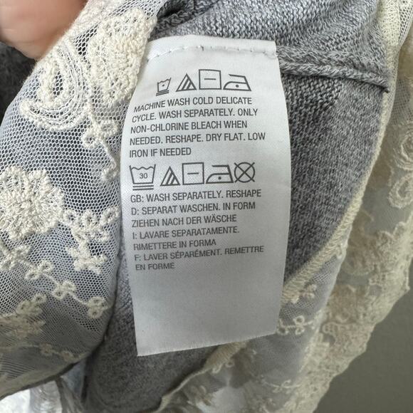 LOGO Lori Goldstein Gray Cardigan Sweater Lace Hem Pockets Linen Blend Sz S - Picture 5 of 9